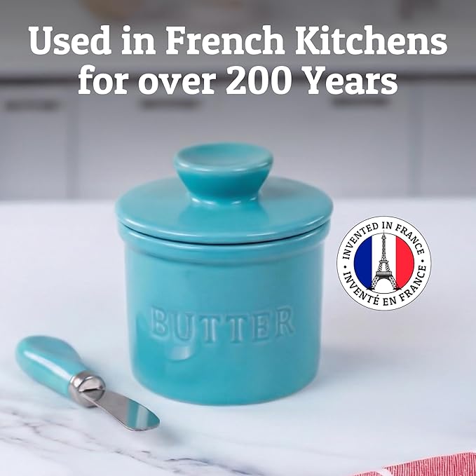 PriorityChef Butter Crock with Lid with Water Line, Ceramic French Butter Dish to Leave On Counter, Turquoise