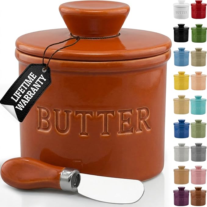 PriorityChef Butter Crock with Lid with Water Line,Ceramic French Butter Dish to Leave On Counter, Brown