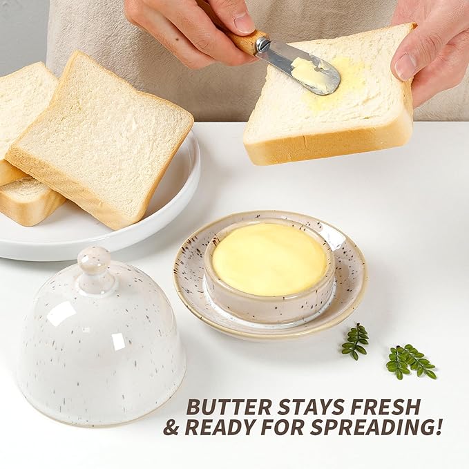 Butter dish, Ceramic Small Butter Dish with Lid, 2026 NEW Original Design Mini Butter Crock Keeper with Handle, 17 OZ Mini Butter Container Cover and Water Sealing 2 Ways Sealing (Speckled Off-White)