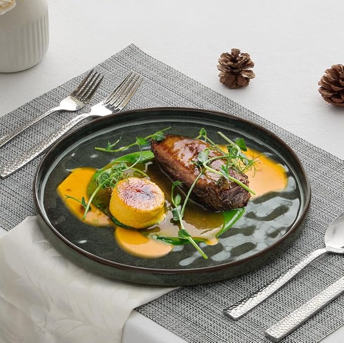 LIANYU Ceramic Dessert Plates Set of 6, 10.2 Inch Kitchen Dinner Plates Set, Porcelain Serving Dishes for Cake, Bread, Salad, Snack and Steak, Microwave, Oven and Dishwasher Safe, Ink Green
