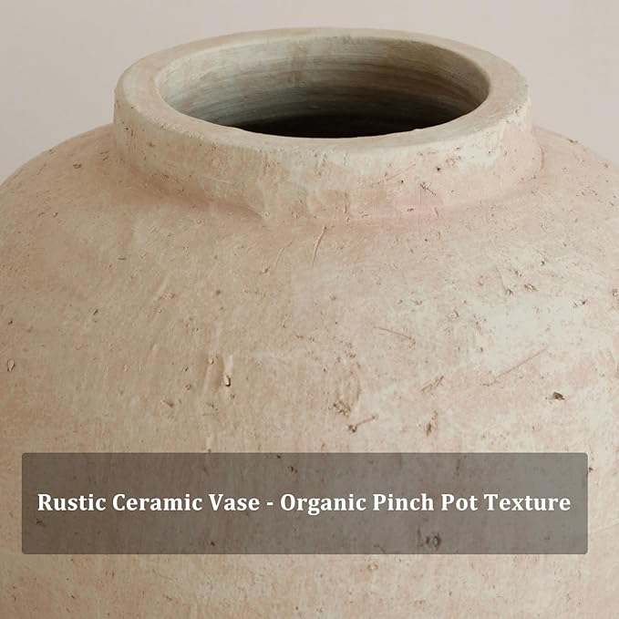 Large Ceramic Vase, 11" Rustic Farmhouse Terracotta Vase for Home Decor, Artisan Decorative Flower Vase for Living Room, Table Centerpiece, Bedroom (Terracotta Beige)
