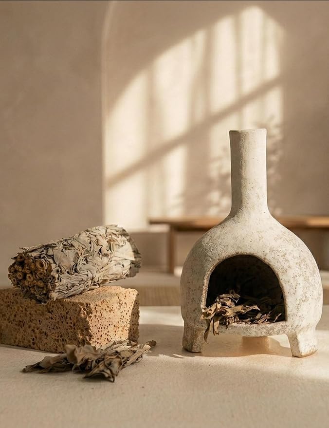 Sculptural Ceramic Incense Holder & Burner, Handmade Textured Clay with White Glaze, for Sage & Palo Santo, Rustic Natural Centerpiece for Yoga & Meditation