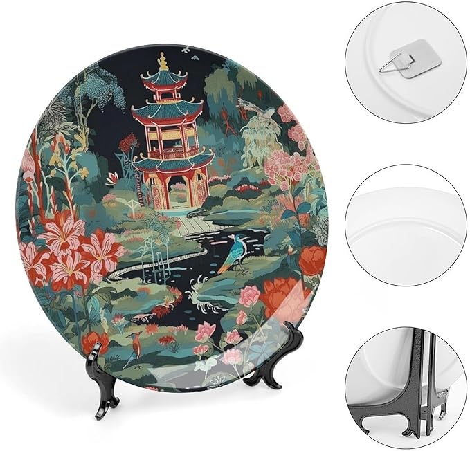 Chinoiserie Charcoal Coral Pagoda Asian Ceramic Decorative Plate of 6", 7", 9", 10", Custom Asian Colorful Pagoda Chinese Plates, Kitchen Farmhouse Decorations Home, 1 Plate with 1 Display Stand
