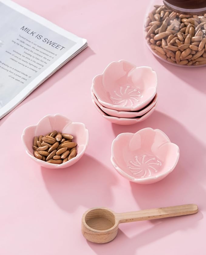 Jusalpha 5 PC Pink Cherry Blossom Ceramic Sauce Dish, Seasoning Dish, Sushi Soy Dipping Bow, Dessert Bowl, Appetizer Plates, Serving Dish for Kitchen Home (Pink, Set of 5)
