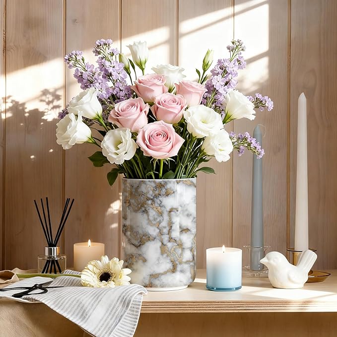 Marble utensil holder,Countertop Ceramic Utensil Holder,Large Cooking Utensil Crocks for Kitchen Counter Decor, Ceramic Vase for Kitchen Utensils, H6.3 xD4.7(marble)