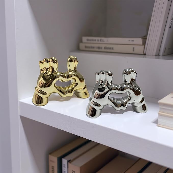 Zerzsy Heart Hands Sculpture Figurine Decor, 2 PCS Small Statue Shelf Decorative for Living Room Coffee Table, Loving Finger Statues Valentines Day Decorations Home Decor-Gold & Silver