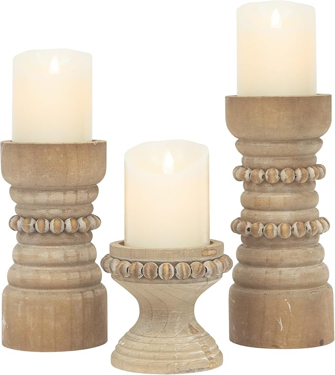 MODE HOME Rustic Natural Wood Candle Holders Set of 3, Farmhouse Beaded Wood Pillar Candle Holder, Candle Holders for Pillar Candles & Candlesticks, Candle Sticks Holder Decor for Table Centerpiece