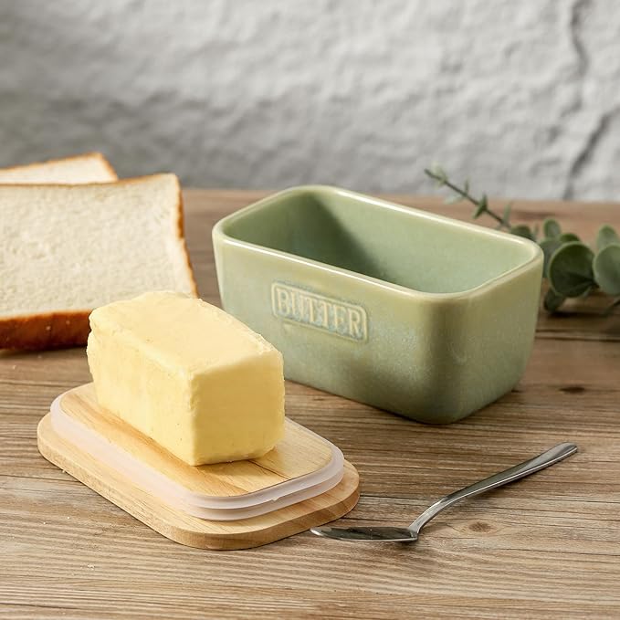 HVH Ceramic Butter Dish with Lid for Countertop, Airtight Butter Keeper with Turquoise Wooden Lid (6 x 3.5 x 2.7)