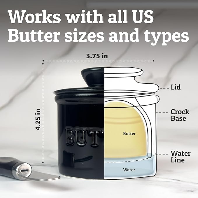 PriorityChef Butter Crock with Lid with Water Line, Ceramic French Butter Dish to Leave On Counter, Black