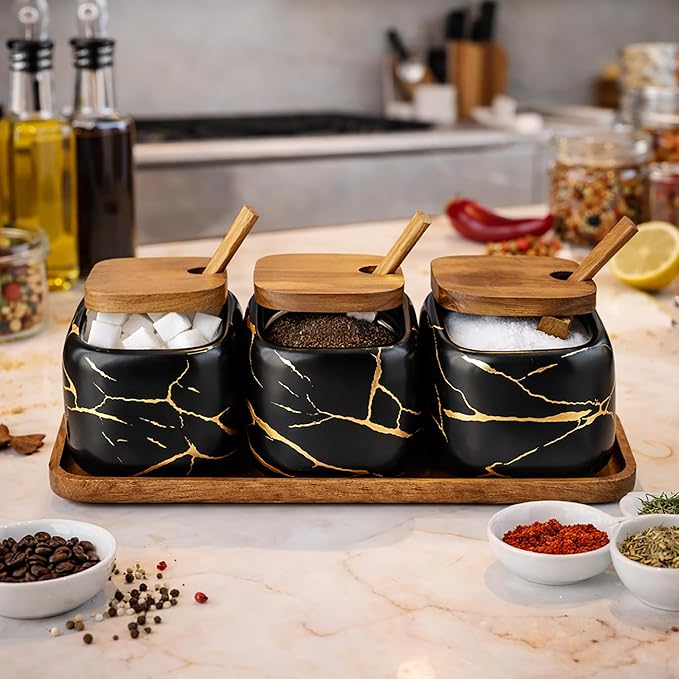 Ceramic Spice Jars Porcelain Condiment Jars Set Marble Ceramic Seasoning Box 3pcs Condiment Pots for salt, sugar, pepper Kitchen Ceramic Seasoning Condiment Jar Set Black