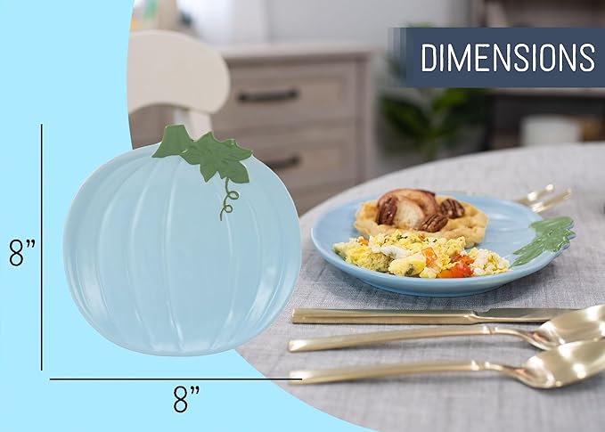 Nat & Jules Pumpkin Shaped 8 x 8 Inch Ceramic Small Dining Plates: Perfect for Thanksgiving, Halloween and Indoor Fall Table Décor & Service - Set of 4, Powder Blue