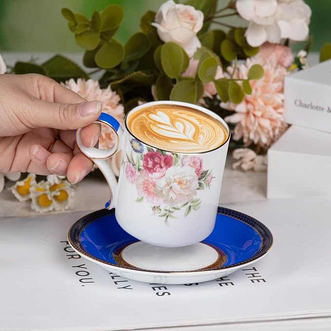 KAMMAK Tea Cups and Saucers Set of 2, Fine Bone China Coffee Cups, Stackable Espresso Mugs, Ceramic Demitasse for Coffee, Cappuccino, Latte, Americano, Tea, Blue