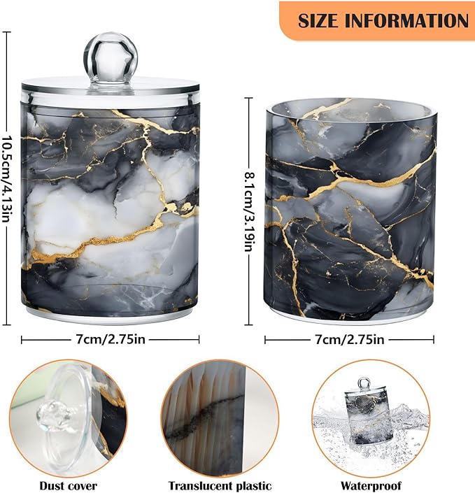 MNSRUU 2 Pack Qtip Holder Organizer Dispenser Abstract Black White Gold Marble Bathroom Storage Canister Plastic Cotton Ball Holder Bathroom Containers for Cotton Swabs/Pads/Floss