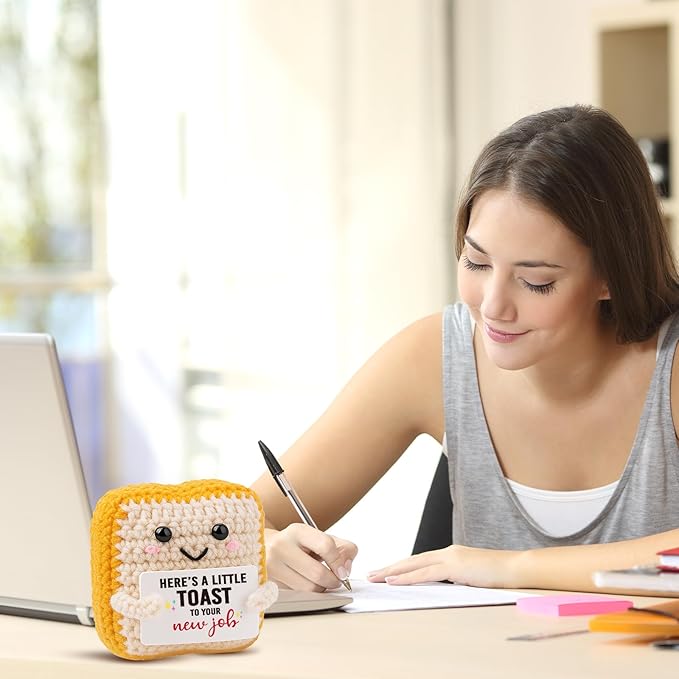New Job Gift for Coworker - Crochet Toast Congratulations Present for Promotion, Farewell, Going Away - Handmade Emotional Support Plush, Cute Office Desk Decor Accessory for Men, Women, Friend