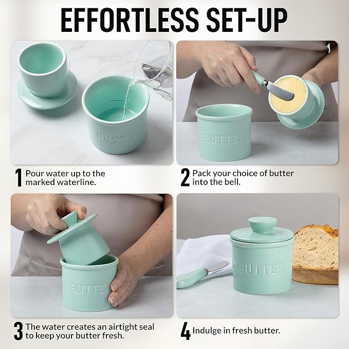 Zulay Kitchen Bell Shaped Butter Crock with Lid for Countertop with Water Line & Spreader Knife, Ceramic French Butter Dish Keeper For Fresh, Soft & Spreadable Butter - Mint
