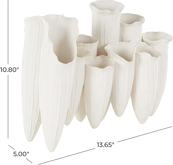 Deco 79 Ceramic Abstract Floral Inspired Vase with Linear Grooves and 10 Openings, 14" x 5" x 11", White