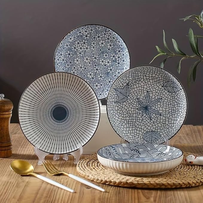 FENGHUI Set of 4 Ceramic Plates, 8 Inch Dinner Plates, Salad Plates, Dessert Plates, Home Dorm Kitchen Dining Room Suitable for use in microwave ovens and dishwashers
