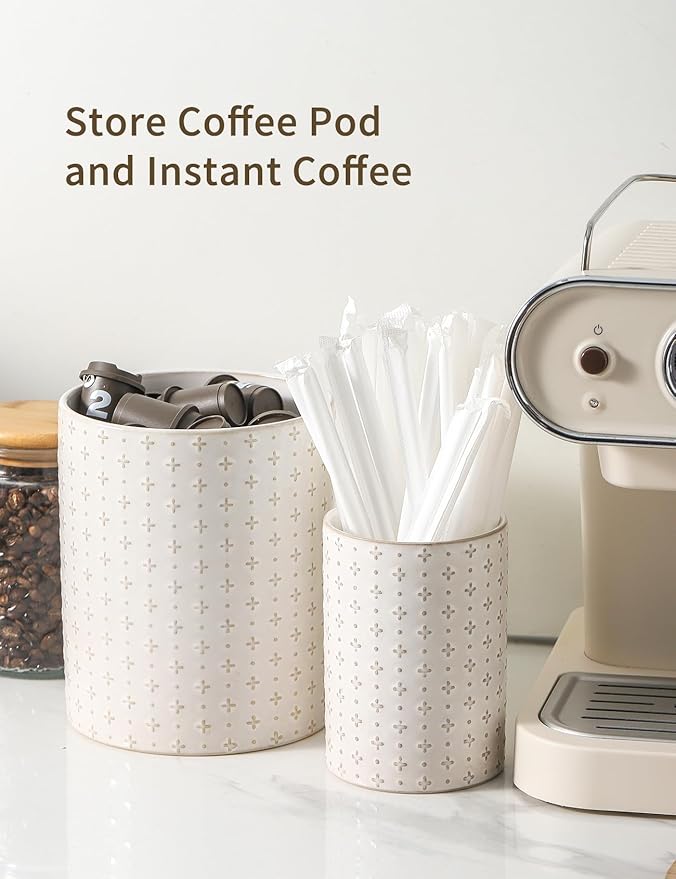 Kitchen Utensil Holder for Countertop, 7.1" + 5.3" Ceramic Cooking Utensil Holder Set of 2, Large Utensil Crocks, Morden Kitchen Tool Tolder for Spatula, Arctic White