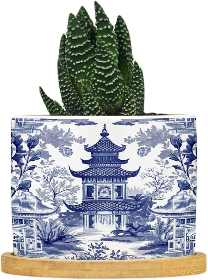 Chinoiserie Blue Asian Ceramic Planter Chinoiserie Chic Asian Planters for Outdoor Plants with Drainage Holes and Saucers Pot for Succulents Cactus Garden Windowsill