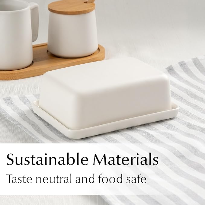 MIAMIO - Ceramic Butter Dish with Lid for Countertop, Holds 2 Sticks of Butter/Butter Holder and Container with Ceramic Lid, Butter Dish for Refrigerator (White)