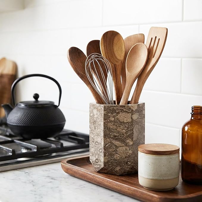 Radicaln Marble Utensil Holder 6.5" Inches Oceanic Handmade Spatula Set for Kitchen Counter, Ideal Cooking Utensils Jar & Kitchens Essentials Organizer, Utensil Caddy & Spoon Holder