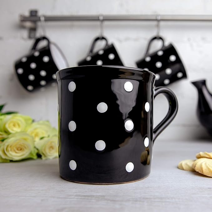 City to Cottage Handmade Black and White Polka Dot Ceramic Extra Large 17.5oz/500ml | Hot Chocolate, Coffee, Tea Mug, Cup with Handle Unique Pottery Gift for Tea Lovers