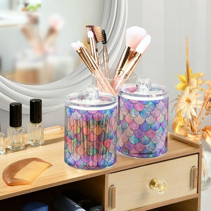 MNSRUU 4 Pack Qtip Holder Organizer Dispenser Colorful Mermaid Scales Bathroom Containers Bathroom Vanity Storage Canister Apothecary Jars for Cotton Swabs/Pads/Floss