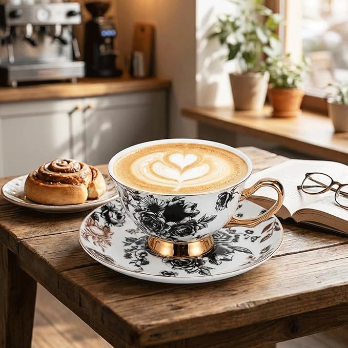 Bone China Tea Cup and Saucer Set with Spoon，Elegant Floral Tea Cup Set (7 oz)，British Coffee Latte Mug for Birthday Party Christmas gift for Friends