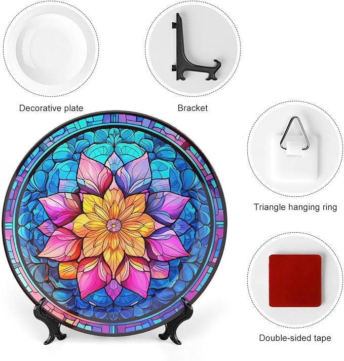 Decorative Plates, Boho Flower Stained Glass Design Ceramic Dinner Plate Home Wobble-Plate with Display Stand, Wall Hanging Decor for Dining Room Kitchen Household 8 Inch, Gifts for Family Friends