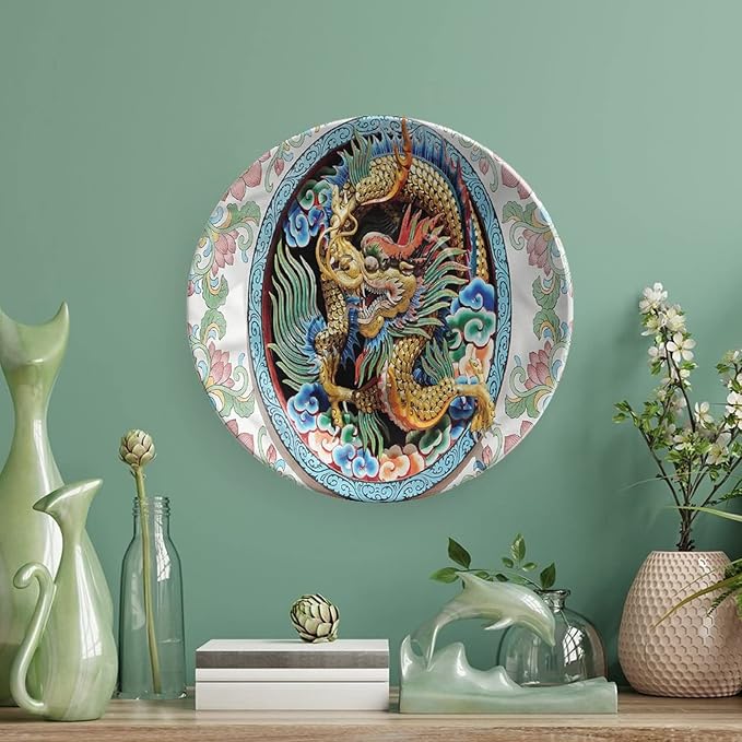 XISUNYA 7 Inch Decorative Plate, Dragon Round Porcelain,Ancient Chinese Animal Motif Print Ceramic Wall Hanging Decor Accessory for Dining Table Tabletop Home Decor