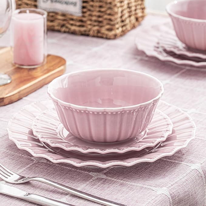 HOMBENE Dessert Plates 8 Inches Set for 6 Ceramic Serving Plates, Wavy Style, Plates for Cake Waffles, Snacks, Pasta, Noodle,Dinner, Microwave & Dishwasher Safe (Dreamy Sakura Pink)