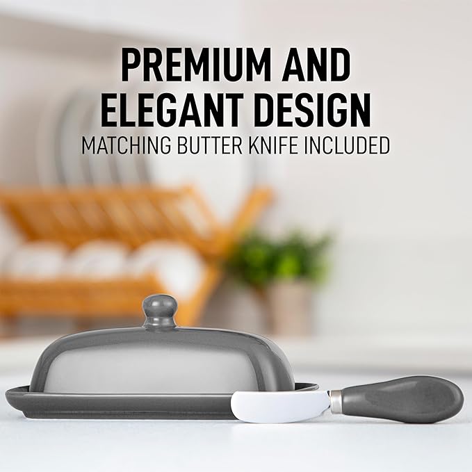 Zulay Butter Dish With Lid For Countertop - Porcelain Gray, Ceramic Butter Dish with Knob Handle Great for Cooking - Elegant Design Butter Holder - Durable & Sturdy Butter Keeper - Gray