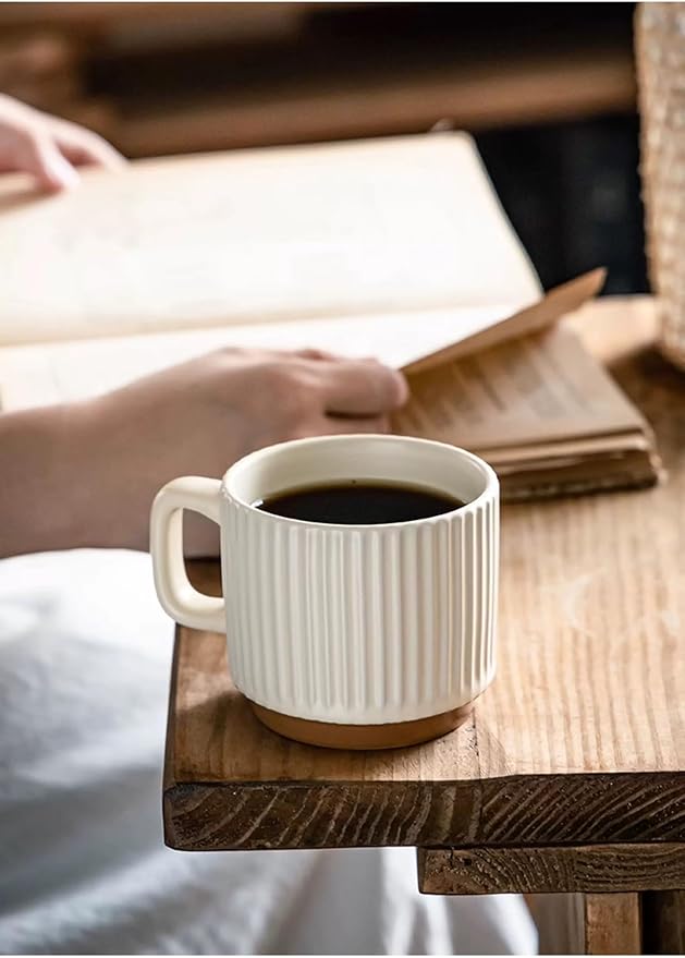 Artisanal Ceramic Mug & Walnut Saucer Set for Coffee Latte, Cappuccino Espresso Tea - 8.3oz/250ml Textured Coffee Cup with Wood Saucer, Dishwasher & Microwave Safe Gift