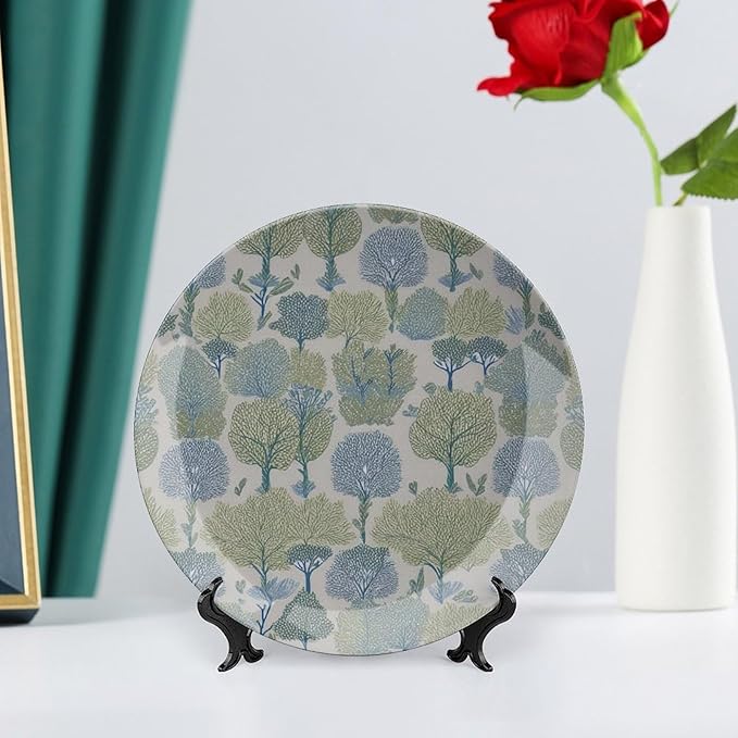 Home Decorations Fashion Plates, Green And Blue Forest Custom Christmas Gifts Design Collector Plates for Display Table Wall Decor, Including Bracket And Special Hook