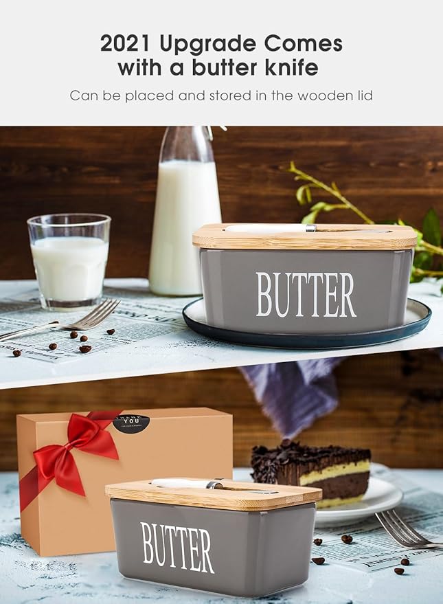 Butter Dish with Lid, Home Decor, Large Butter Dish for Countertop Ceramic Butter Keeper Container with Knife and High Quality Silicone Sealing Butter Box Good Kitchen Gift Grey