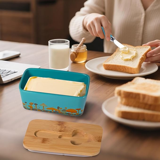 Mushroom Butter Dish with Lid,Large Butter Crock Keeper Saver,Ceramic Butter Container for Countertop with Highly Sealed Silicone Thick Wooden Lid for Kitchen Farmhouse Decor (Thin Blue, Mushroom)