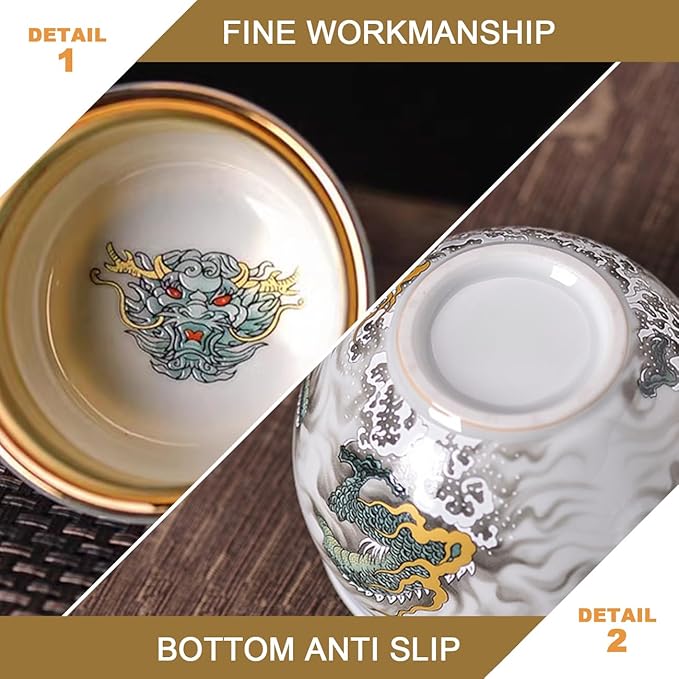 Ceramic Kungfu Tea Cup Azure Dragon Traditional Tea Mug Chinese Enamel Cup Hand-Painted Dragon Patterns Porcelain Bowls Tea Ceremony Set for Home Bar Club Tea Room