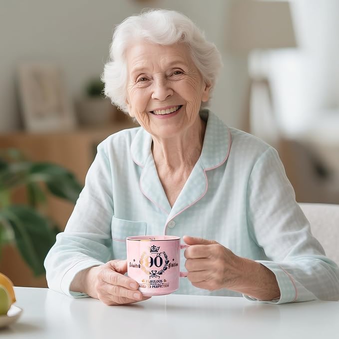 90th Birthday Gifts for Women - Aged to Perfection Coffee Mug - Unique 1935 Birthday Present for Grandma Mom Wife Friend Sister, 14oz Ceramic Coffee Mug Printed Gold with Lid Spoon Card, Nice Gift Box