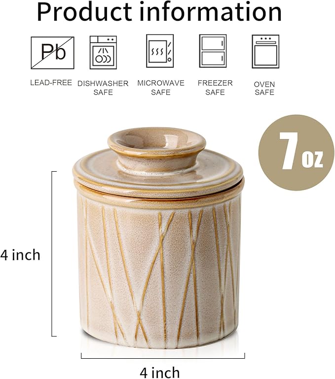 HVH Ceramic Butter Crock with Water Line, French Butter Dish with Lid for Countertop, Butter Keeper for Counter, Butter Holder for Soft Butter, Irregular Striped (Sand Color, 4x4)