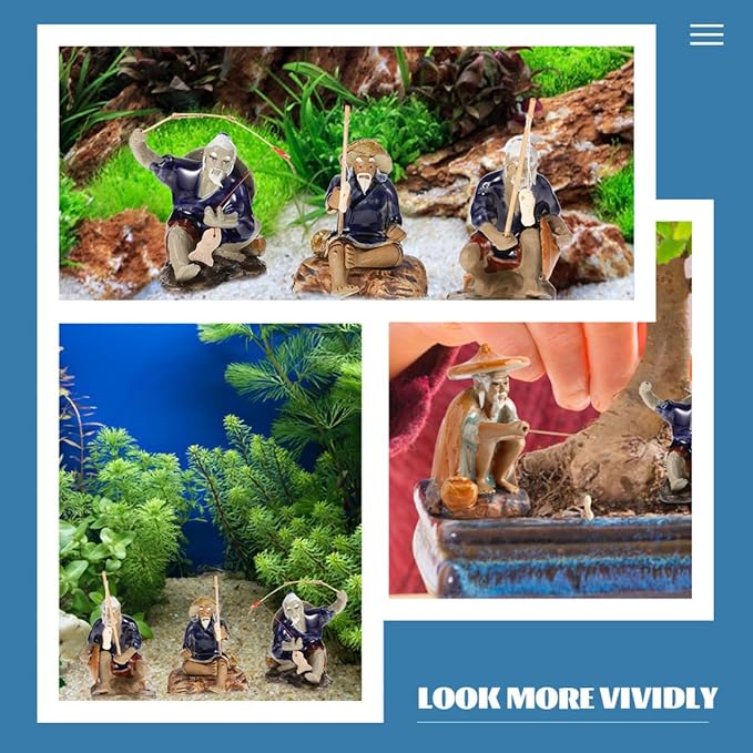 Homoyoyo Ceramic Fisherman Figurine Set 2pcs, 4-inch Bonsai Ornament for Fish Tank Decor, Aquarium Desktop Collectible Statue, Asian Fishing Man Sculpture for Home Garden