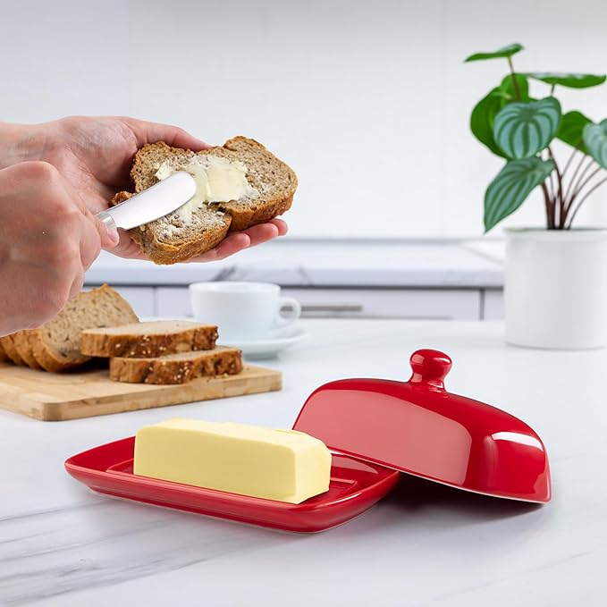 Zulay Kitchen Butter Dish With Lid For Countertop - Porcelain Red, Ceramic Butter Dish with Knob Handle Great for Cooking - Elegant Design Butter Holder - Durable & Sturdy Butter Keeper - Red