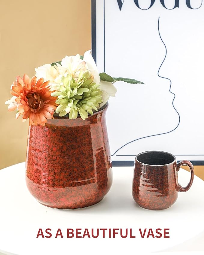 HASENSE Kitchen Utensil Holder for Countertop, 7.1” Large Ceramic Utensil Crock, Utensil Caddy, Utensil Organizer and Rustic Table Decor for Spatulas, Red