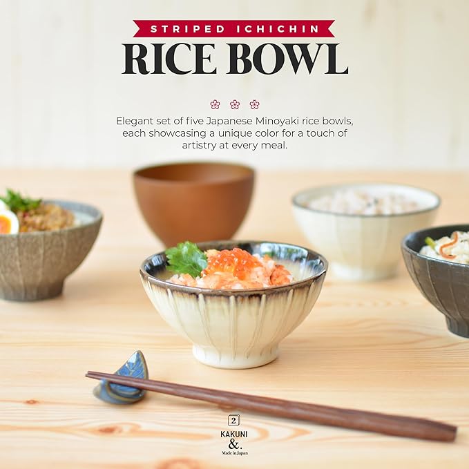 Set of 5 Japanese Ceramic Striped Ichichin Rice Bowls, Deep Soup & Eating Bowls with Distinctive Three-Dimensional Lines,Convenient, Stackable, for Cooking Prep & Serving (Blue and White)