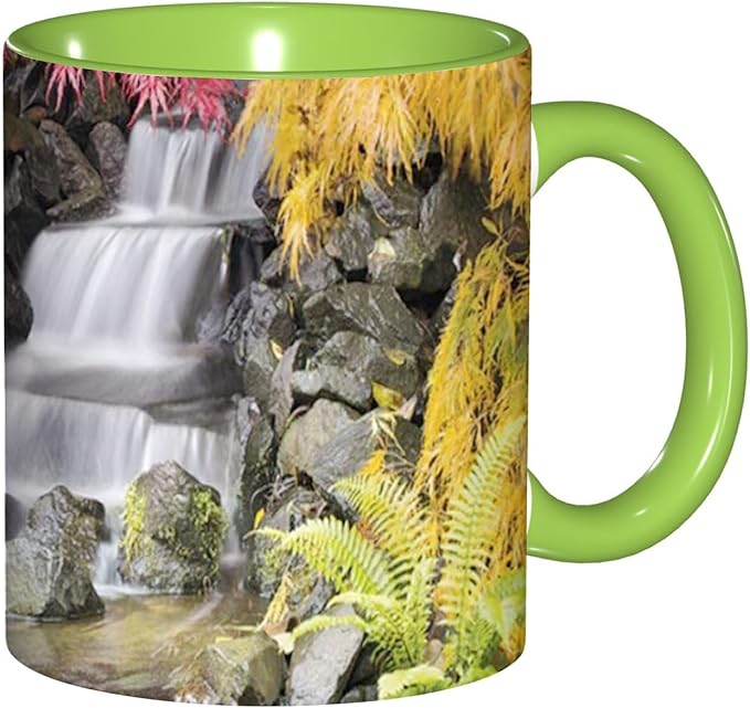 Autumn,Funny Novelty Ceramic Coffee Cups With Handle,Tropical Fall with Colorful Flowers Asian Tea Cup for Office and Home, 11 Oz,Dishwasher Microwave Safe (Green)