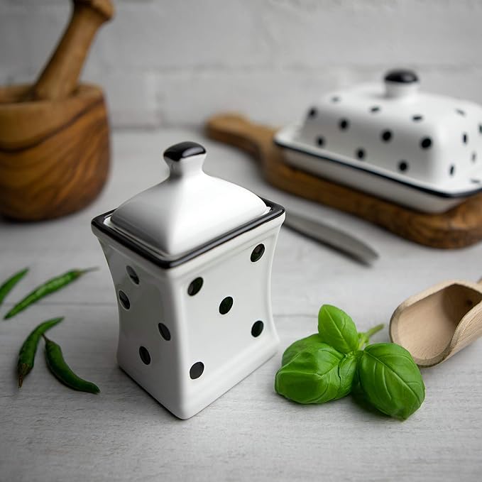 City to Cottage Handmade Small 5.3oz/150ml Ceramic Kitchen Herb, Spice, Storage Jar with Lid, Pottery Canister, Housewarming Gift (White and Black Polka Dot)
