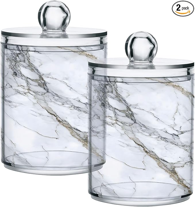 MNSRUU 2 Pack Qtip Holder Organizer Dispenser Stylish White Marble Texture Bathroom Storage Canister Cotton Ball Holder Bathroom Containers for Cotton Swabs/Pads/Floss