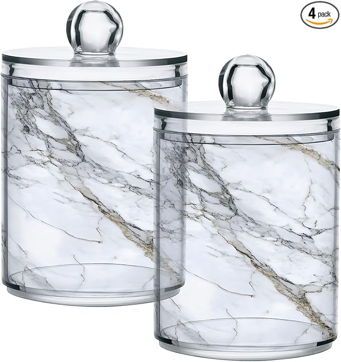 MNSRUU 4 Pack Qtip Holder Organizer Dispenser Stylish White Marble Texture Bathroom Containers Bathroom Vanity Storage Canister Apothecary Jars for Cotton Swabs/Pads/Floss