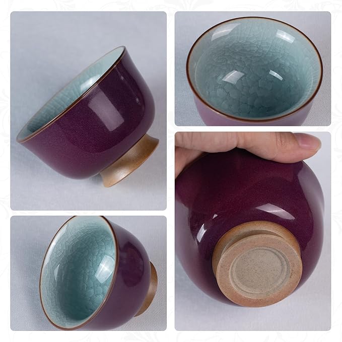 Tea Cup Set of 2 Porcelain Small Tea Cups 3oz Japanese Tea Cup Set, Asian Purple Ceramic Teacups for Home, Party, Office, Chinese Kung Fu Tea Set for Hot/Cold Drink (Gold Footed-Ice Crackle Glaze)