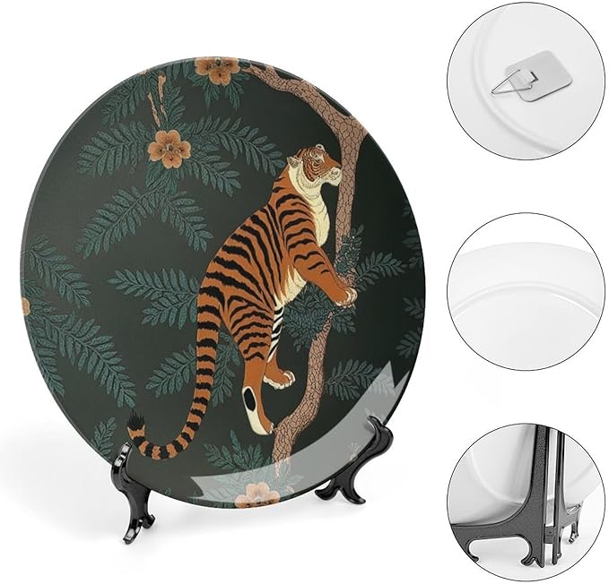Tiger And Peacock China Plates, Wild Tiger Stripe Forset Chinoiserie Customize Hanging Decorative Tiles for Art Decoration Club Table Decor, with Vertical Stand Art Decorations for Display Household