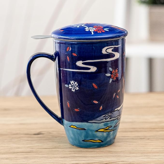 Urban Tokyo Tea Mug With Lid and Stainless Steel Infuser For Loose Leaf Tea Bag Tea Cup 15oz Porcelain Hot Beverage Everyday Use Home Office (Fuji Mountain)